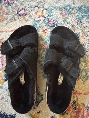 Birkenstock Arizona Shearling-Lined Black Suede Slide Sandals